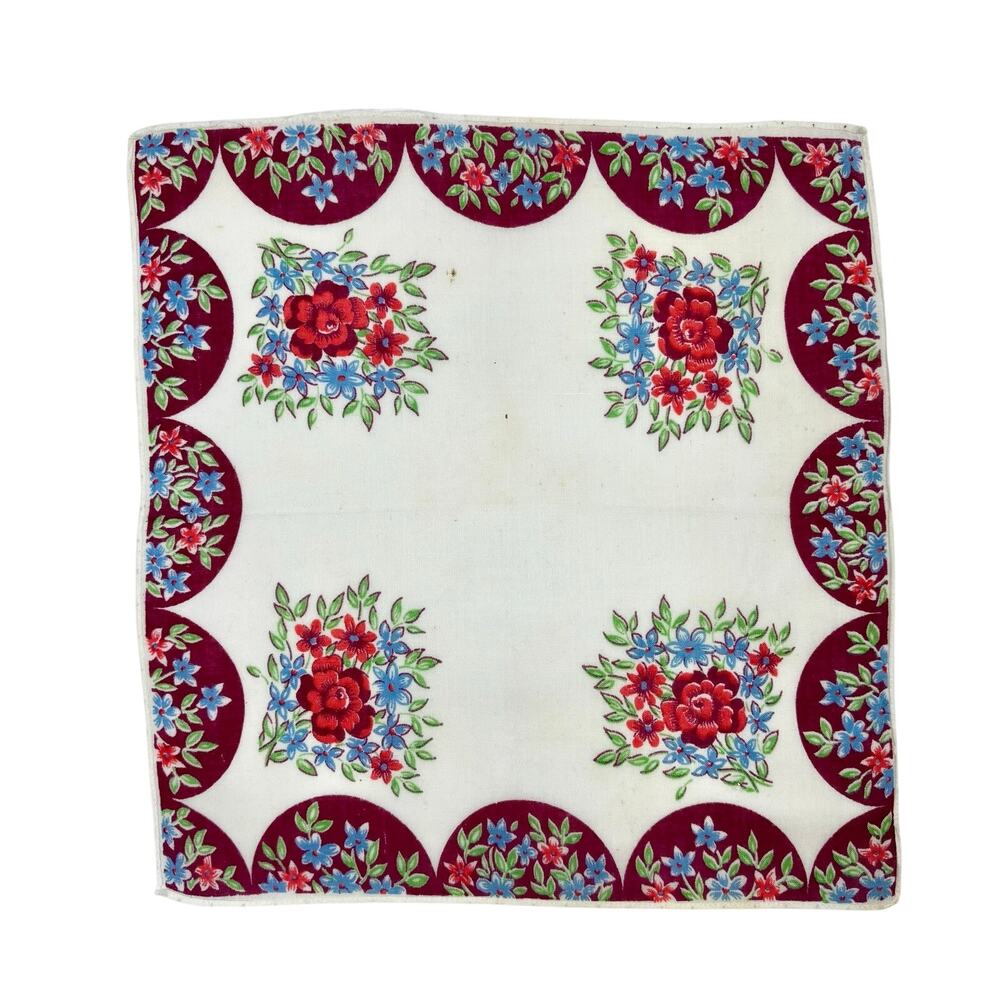Vintage 1950s Cotton Floral Hanky Handkerchief Bouquet Pink Green Blue